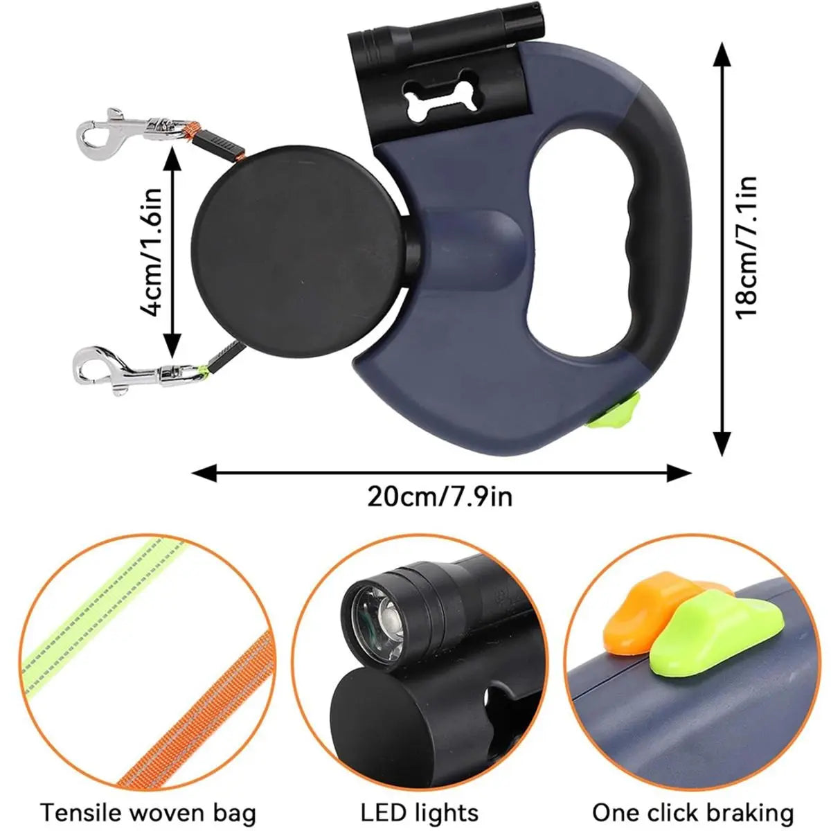 3-Meter Dual Dog Leash — a Retractable Leash Designed Specifically for Two Small Dogs, Featuring an Anti-Tangle Mechanism, a Built-In LED Light, and a Waste Bag Dispenser. It Boasts Reflective Elements, Supports Hands-Free Operation, and Is Ideal for Walk
