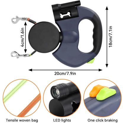 3-Meter Dual Dog Leash — a Retractable Leash Designed Specifically for Two Small Dogs, Featuring an Anti-Tangle Mechanism, a Built-In LED Light, and a Waste Bag Dispenser. It Boasts Reflective Elements, Supports Hands-Free Operation, and Is Ideal for Walk